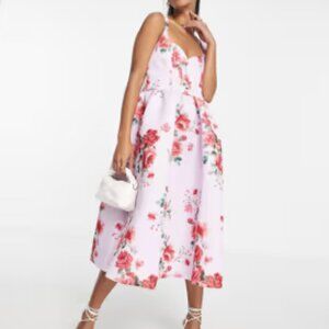 ASOS DESIGN corset floral midi prom dress in lilac floral